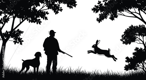 Silhouette of hunter with rifle and dog watching a rabbit jump in the forest, vector illustration isolated on white background, hunting sport concept.