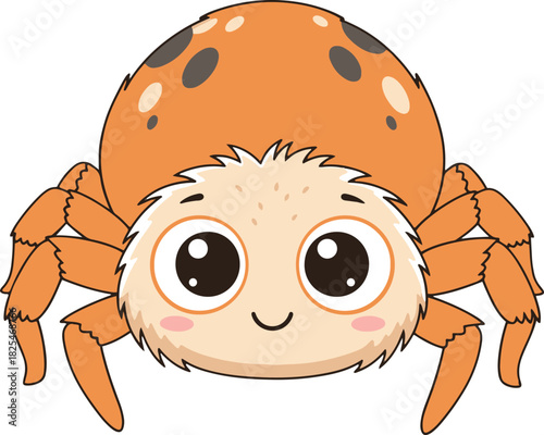 A cute flat vector illustration of a fuzzy orange spider with large eyes and a friendly smile,