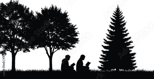 Students Reading Books Outdoors Silhouette Vector Illustration; Two People Studying Together in a Quiet Park under Trees, Representing Education, Knowledge, and Learning in Nature.