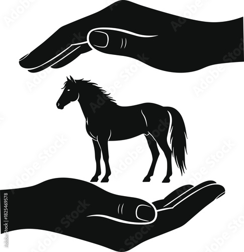 Two human hands holding and protecting black horse silhouette, animal welfare and livestock insurance concept vector illustration, isolated on white background