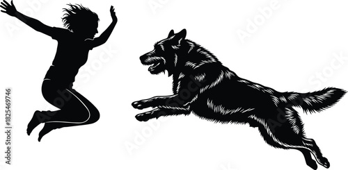 Woman and Large Dog Jumping Silhouette Vector; People and Pet Playing Happily, Representing Joy, Freedom, Energy, Active Lifestyle, Companionship, and Pet Love Graphic.Woman and Large D