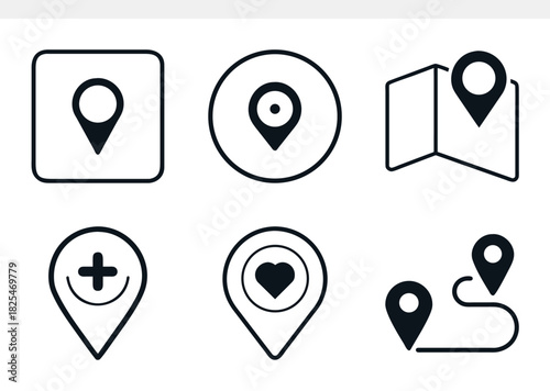 Various black outline map pin icons classic, circular, folded map, add, favorite, and route designs, representing navigation, location, and points of interest for digital apps