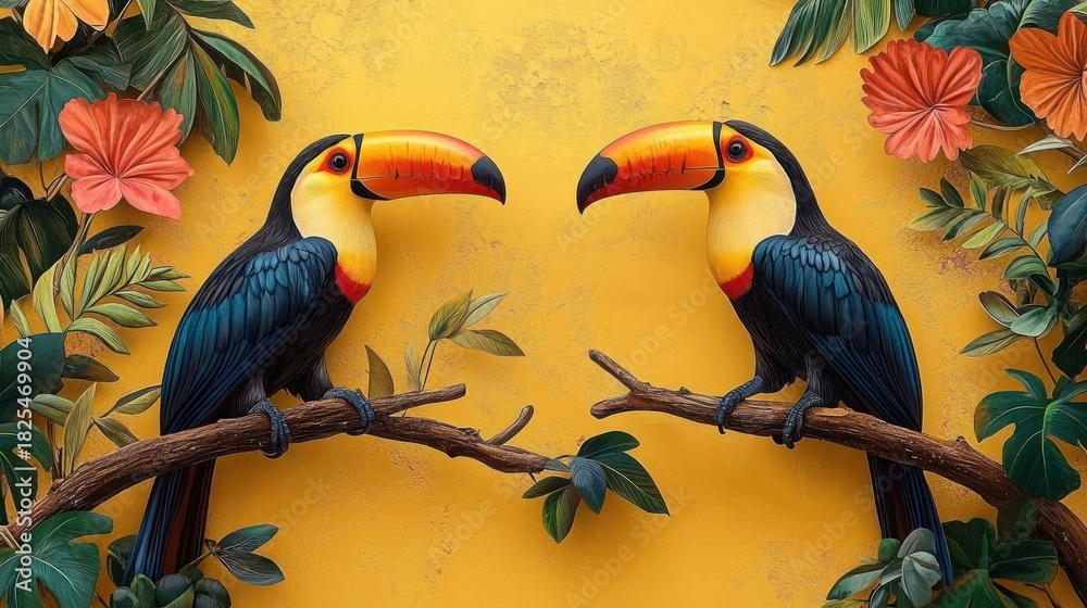 Fototapeta premium Two vibrant toucans perched on branches among lush tropical leaves and orange flowers against a textured yellow background, bright and serene