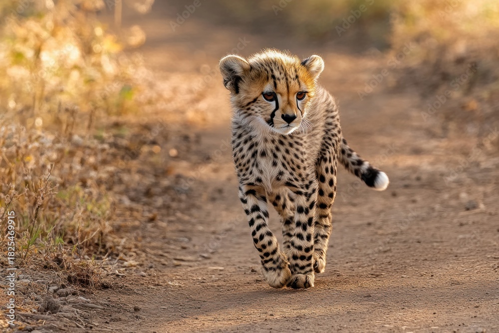 Obraz premium young cheetah cub walking on a sunlit dirt path through dry grass with a curious, determined expression and warm golden light