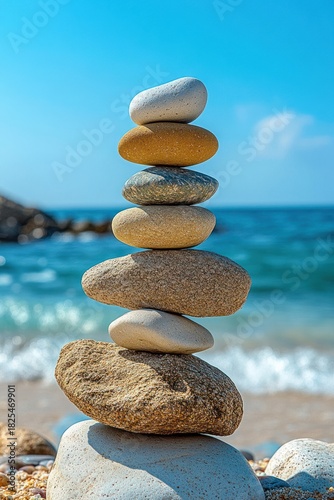 stacked smooth beach stones balanced on pebbled shore with turquoise sea and clear blue sky, evoking calm and seaside serenity
