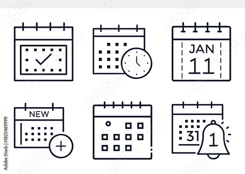 Six minimalist line art calendar icons, depicting scheduling, appointments, events, new notifications, and reminders ideal for web and app design, representing various date and time management