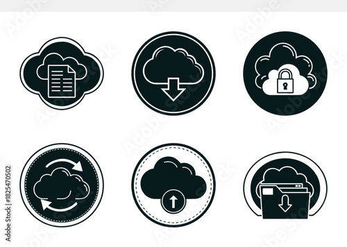 A comprehensive set of six dark circular icons depicting essential cloud computing functionalities, including secure data storage, file download, upload, synchronization, and digital folder management