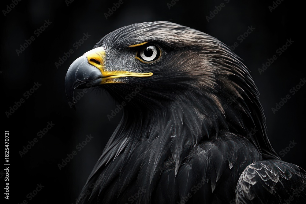 Fototapeta premium Majestic dark-feathered eagle in close-up profile with piercing eye and yellow hooked beak, dramatic lighting and intense regal expression