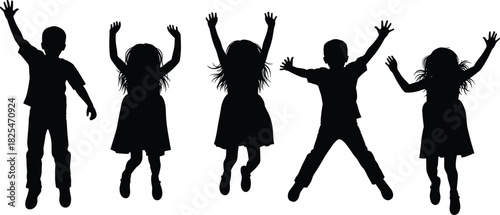 Happy kids silhouettes jumping with joy, group of active boys and girls raising hands, black vector illustration isolated on white background