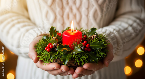 Woman Holding Candle Wreath: Christmas Holiday Celebration