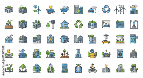 Collection of EcoFriendly and Sustainable Living Icons 1. Vector Illustrations. EPS Editable