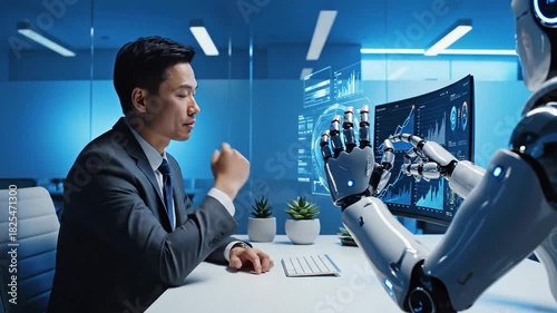 Businessman and Robot Partner Analyzing Financial Data on Holographic Screens in a Futuristic Office