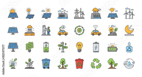 Collection of EcoFriendly Energy and Sustainability Icons 1. Vector Illustrations. EPS Editable