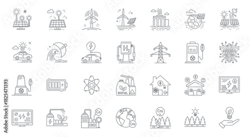 Collection of EcoFriendly Energy and Technology Icons. Vector Illustrations. EPS Editable