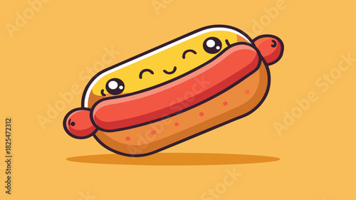 Cute kawaii hot dog character with smiling face and tiny arms