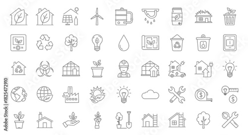 Collection of HandDrawn Icons Representing Environmental Sustainability and EcoFriendly Concepts. Vector Illustrations. EPS Editable