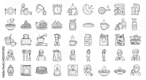 Collection of HandDrawn Icons Representing Food Drinks and Daily Life Activities. Vector Illustrations. EPS Editable