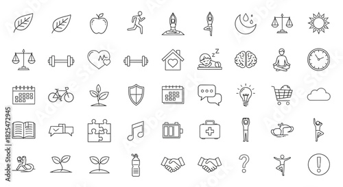 Collection of HandDrawn Icons Representing Health Business and Lifestyle Concepts. Vector Illustrations. EPS Editable