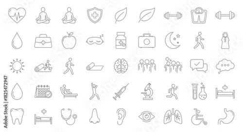 Collection of HandDrawn Icons Representing Health Wellness and Medical Concepts. Vector Illustrations. EPS Editable