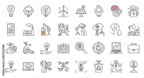 Collection of HandDrawn Icons Representing Innovation and Sustainability Concepts. Vector Illustrations. EPS Editable
