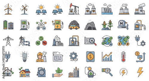 Collection of Energy and Industry Icons Representing Renewable and Fossil Fuels. Vector Illustrations. EPS Editable