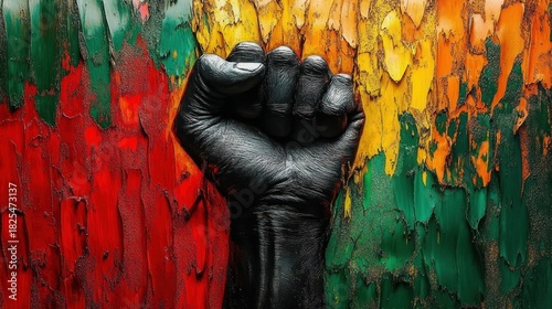 Raised black clenched fist against a textured red, yellow and green peeling paint wall, expressing defiance, strength and solidarity