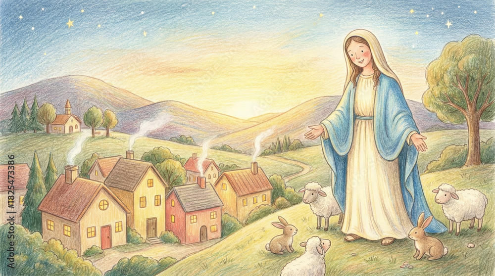Naklejka premium Serene illustration of Mary, sheep, and rabbits in a peaceful village under a starlit sky, radiating hope and tranquility, perfect for conveying a sense of Christmas wonder and spiritual peace