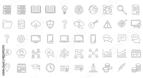 Collection of HandDrawn Icons Representing Business Technology and Education Concepts 1. Vector Illustrations. EPS Editable
