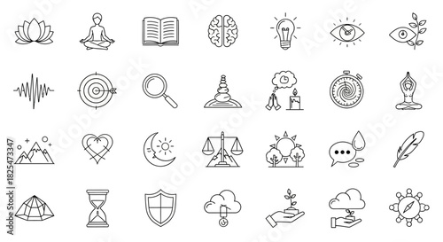 Collection of HandDrawn Icons Representing Concepts of Mind Business and Spirituality. Vector Illustrations. EPS Editable