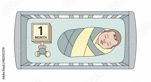 One Month Old Infant Sleeping Peacefully In Crib With Toy Block