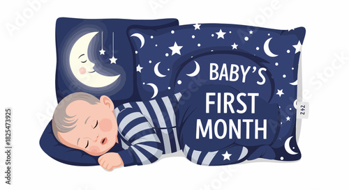 Sleeping Baby Celebrating His First Month With Moon And Stars
