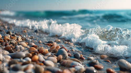 Close up of waves crashing on a rocky beach with a blurred ocean background
