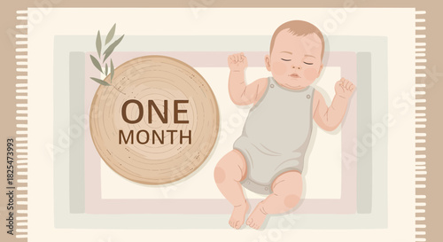 Sleeping Newborn Baby Celebrating One Month Milestone Illustration