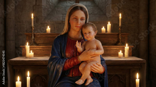Mary with baby Jesus radiates peace and serenity, a symbol of motherhood and faith, illuminated by soft candlelight, perfect for religious publications and inspirational content