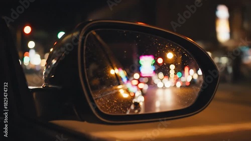 Driving through the vibrant night city, car side mirror reflects colorful blurry lights and traffic.