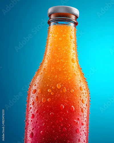 Brightly Colored Beverage Bottle With Condensation Against a Blue Background in a Studio Setting