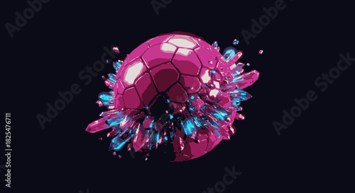 A vibrant pink geometric sphere shatters into numerous glowing blue crystal fragments, creating an energetic and dynamic abstract explosion against a dark background.