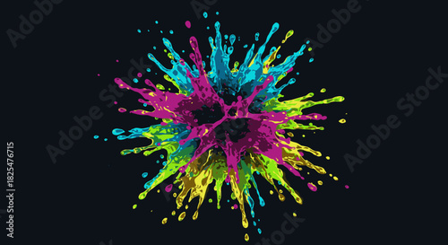 A dynamic explosion of vivid paint colors bursts outwards, creating an energetic and abstract splash against a dark, dramatic background.