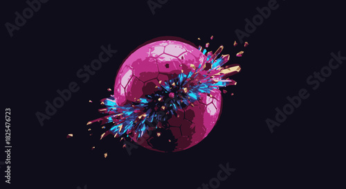 A vibrant magenta geometric sphere dramatically shatters, releasing an energetic burst of blue and yellow particles in a striking abstract visual on a dark canvas.