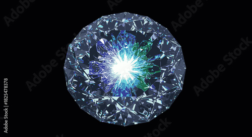 A mesmerizing abstract crystal sphere radiates vibrant blue and green light from its glowing core, embodying energy and technological beauty on a dark backdrop.