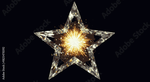 A brilliant five-pointed star, crafted from fragmented crystal, radiates an intense golden light explosion from its core, symbolizing triumph and celebration.