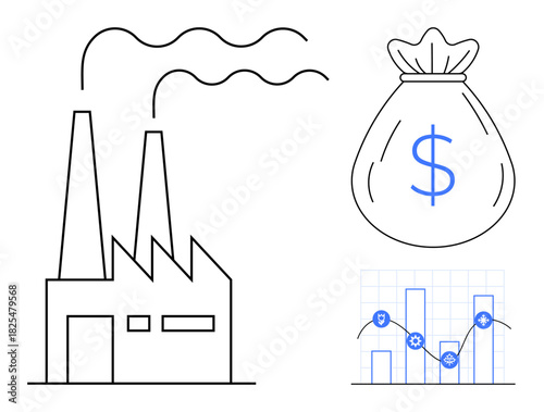 Factory with chimneys emitting smoke, sack with dollar sign symbolizing revenue, and graph showcasing economic growth and analytics. Ideal for industry, economy, finance, growth, business