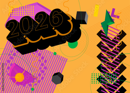 2026 geometrical graphic retro theme background. Minimal geometric elements. Vintage abstract shapes vector illustration.
