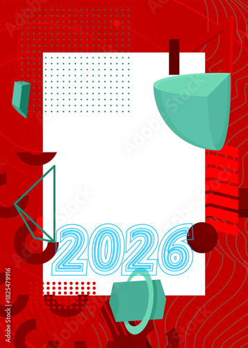 2026 geometrical graphic retro theme background. Minimal geometric elements. Vintage abstract shapes vector illustration.