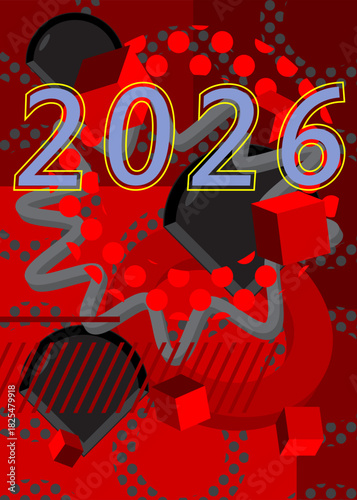 2026 geometrical graphic retro theme background. Minimal geometric elements. Vintage abstract shapes vector illustration.