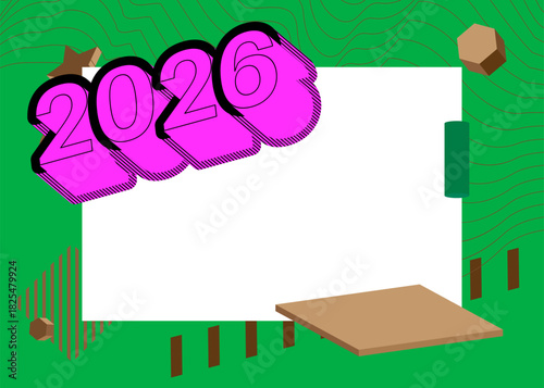 2026 geometrical graphic retro theme background. Minimal geometric elements. Vintage abstract shapes vector illustration.