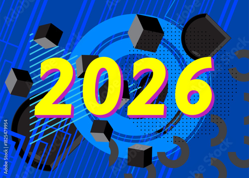 2026 geometrical graphic retro theme background. Minimal geometric elements. Vintage abstract shapes vector illustration.