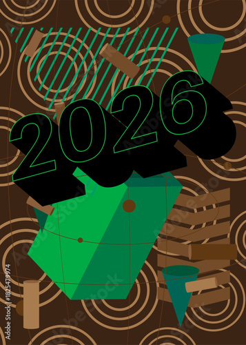 2026 geometrical graphic retro theme background. Minimal geometric elements. Vintage abstract shapes vector illustration.