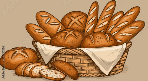 This charming illustration features a rustic woven basket overflowing with a delightful variety of freshly baked artisan breads, including baguettes and sliced loaves.