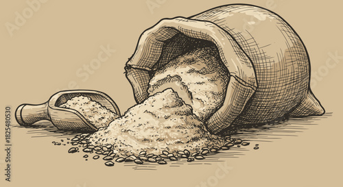 A classic hand-drawn illustration portrays a rustic burlap sack overflowing with fine white flour, accompanied by a wooden scoop, evoking traditional baking.